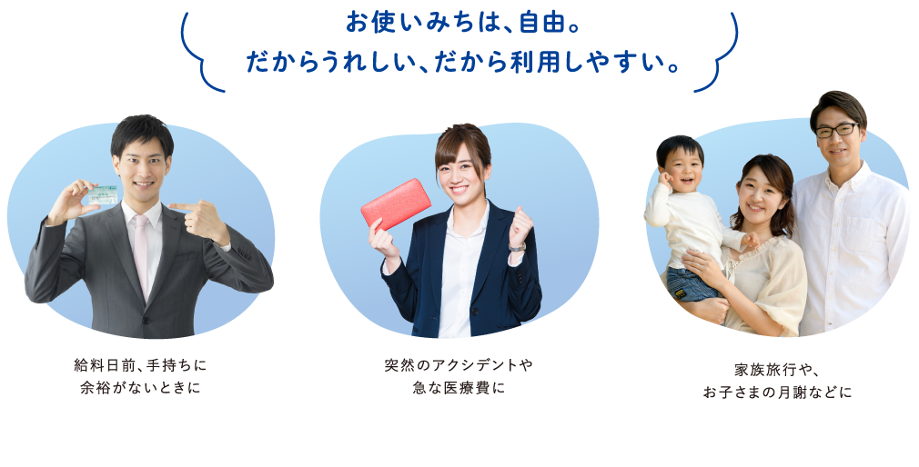 お使いみちは、自由。だからうれしい、だから利用しやすい。給料日前、手持ちに余裕がないときに。突然のアクシデントや急な医療費に家族旅行や、お子さまの月謝などに。