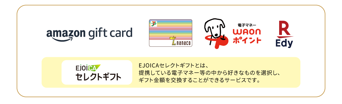 Amazonギフトカード・nanaco・電子マネーWAONポイント・楽天Edy・EJOICAセレクトギフト