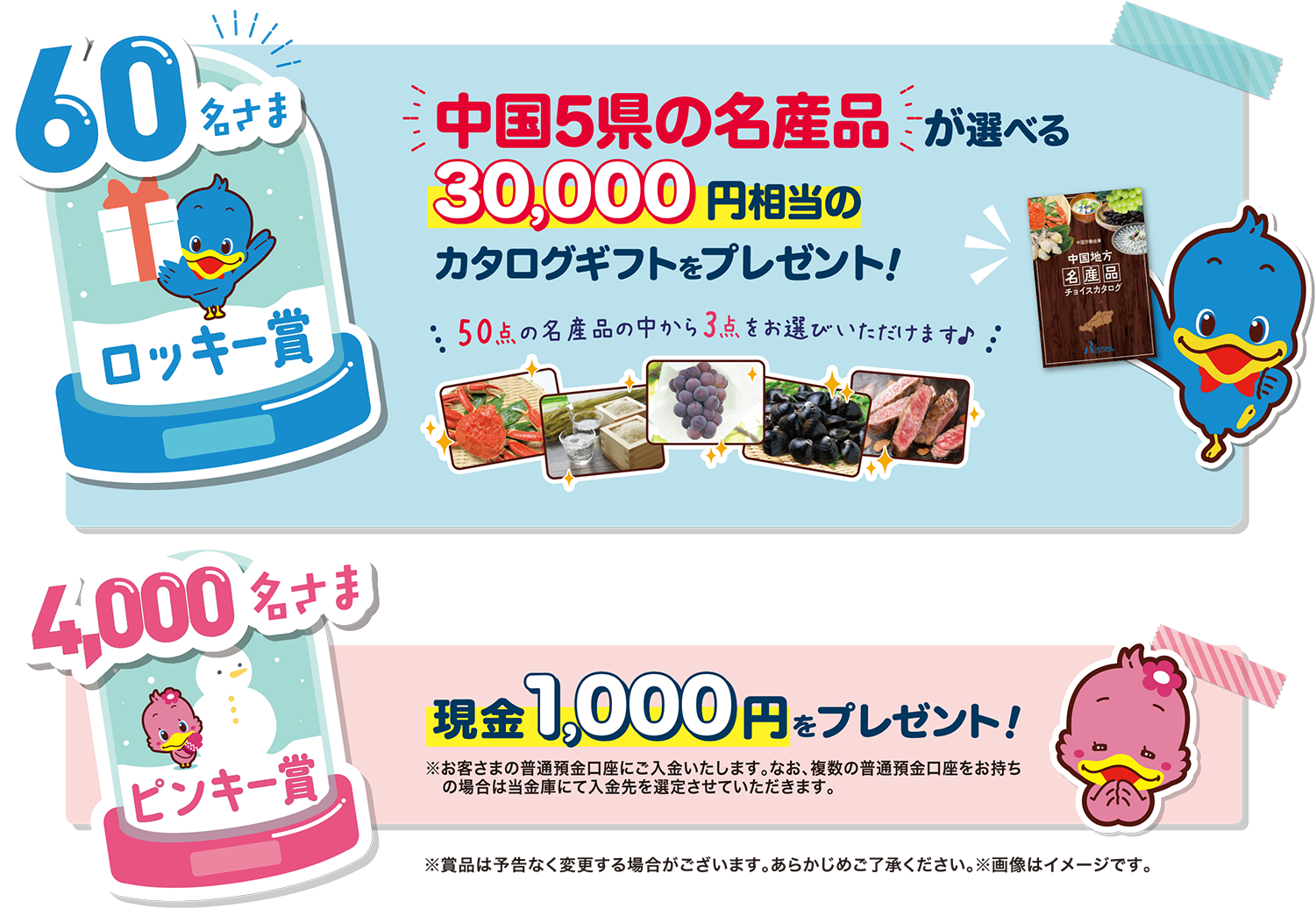 プレゼント内容はこちら。ロッキー賞は60名さまに当たる！中国語圏の名産品が選べる、30,000円相当のカタログギフトをプレゼント！50点の名産品の中から3点をお選びいただけます♪そしてピンキー賞は4,000名さまにあたる！現金1,000円をプレゼント！お客さまの普通預金口座にご入金いたします。なお、複数の普通預金講座をお持ちの場合は当金庫にて入金先を選定させていただきます。注意：商品は予告なく変更する場合がございます。