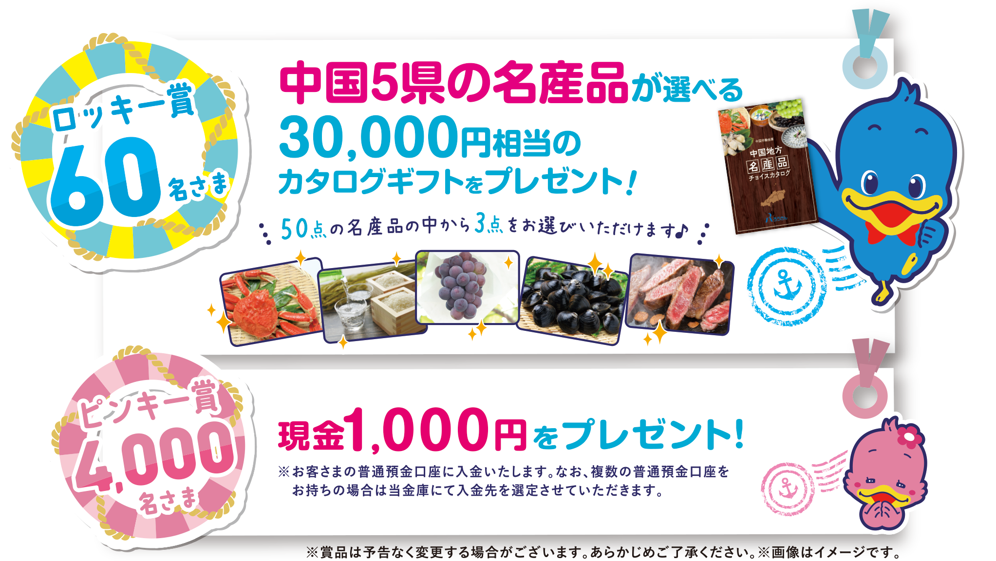 プレゼント内容はこちら。ロッキー賞は60名さまに当たる！中国語圏の名産品が選べる、30,000円相当のカタログギフトをプレゼント！50点の名産品の中から3点をお選びいただけます♪そしてピンキー賞は4,000名さまにあたる！現金1,000円をプレゼント！お客さまの普通預金口座にご入金いたします。なお、複数の普通預金講座をお持ちの場合は当金庫にて入金先を選定させていただきます。注意：商品は予告なく変更する場合がございます。