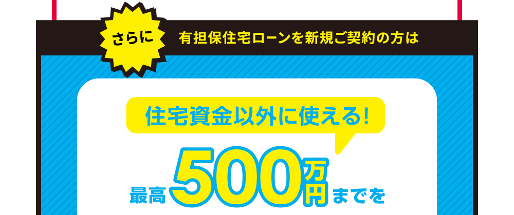 有担保住宅ローンを新規ご契約の方は、住宅資金以外につかえる最高500万円までを、