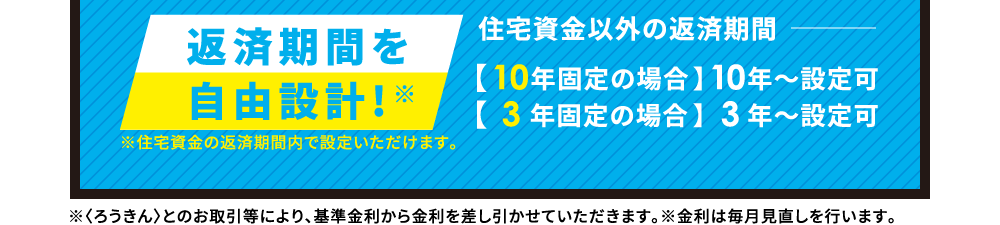 返済期間を自由設計!※住宅資金以外の返済期間【 10年固定の場合 】 10年〜設定可【 3年固定の場合 】3年〜設定可※住宅資金の返済期間内で設定いただけます。