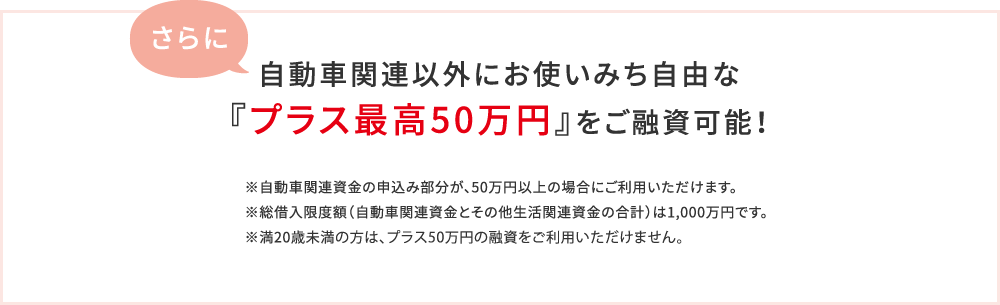 自動車関連以外にお使いみち自由な『プラス最高50万円』をご融資可能!