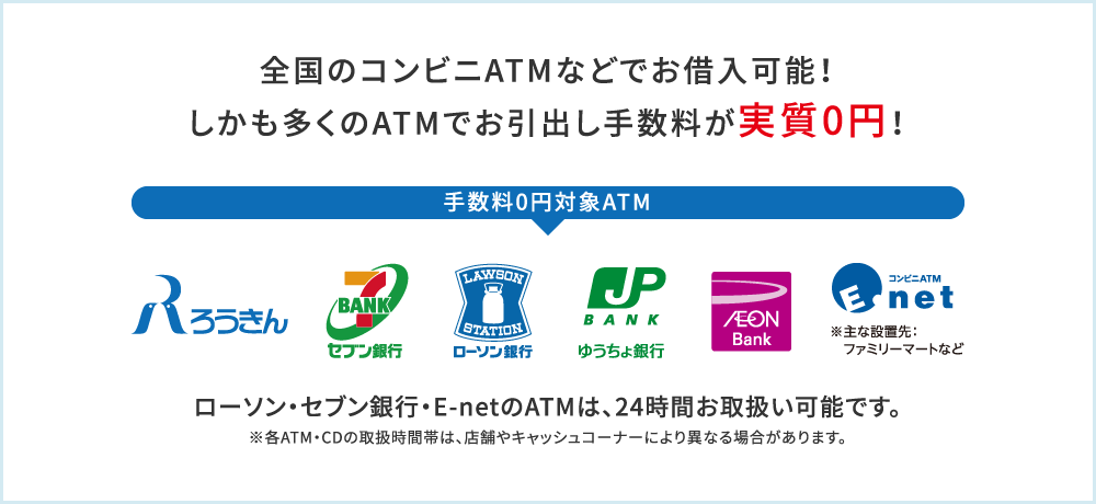 全国のコンビニATMなどでお借入可能！しかも多くのATMでお引出し手数料が実質0円！