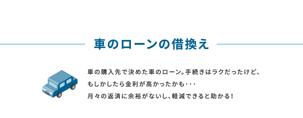 車のローンの借換え 車の購入先で決めた車のローン。手続きはラクだったけど、もしかしたら金利が高かったかも･･･月々の返済に余裕がないし、軽減できると助かる！