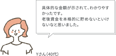 具体的な金額が示されて、わかりやすかったです。老後資金を本格的に貯めないといけないなと思いました。